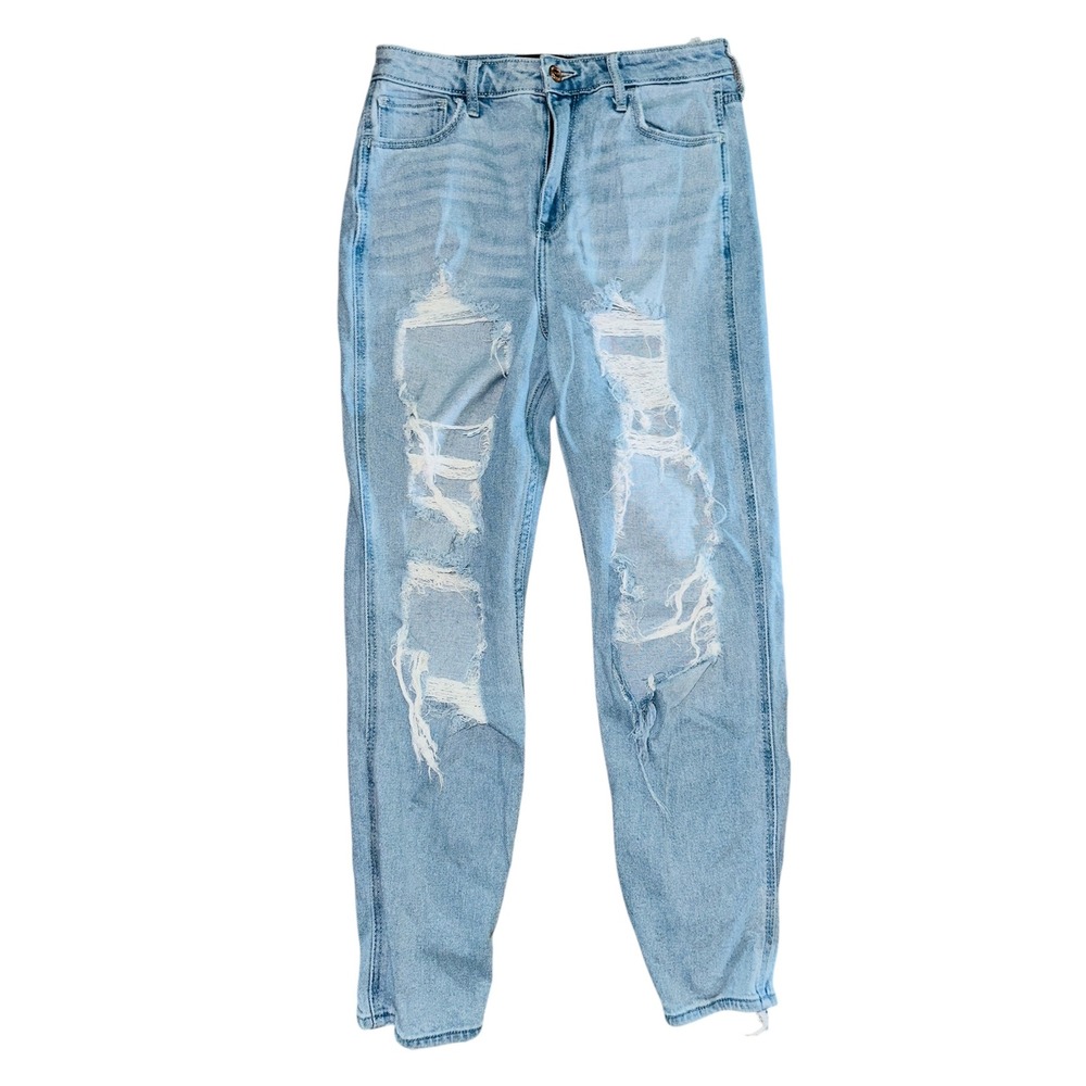 WB7 Hollister Ultra High Rise Mom Jeans Ripped Distressed Light Wash Denim 7
